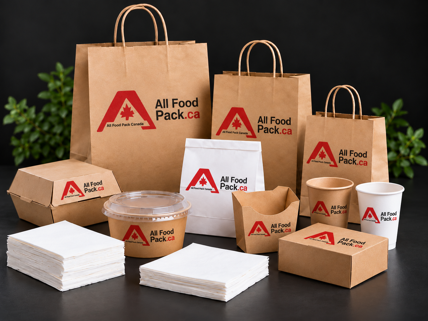 All Food Pack branded paper bags, food boxes, cups and napkins