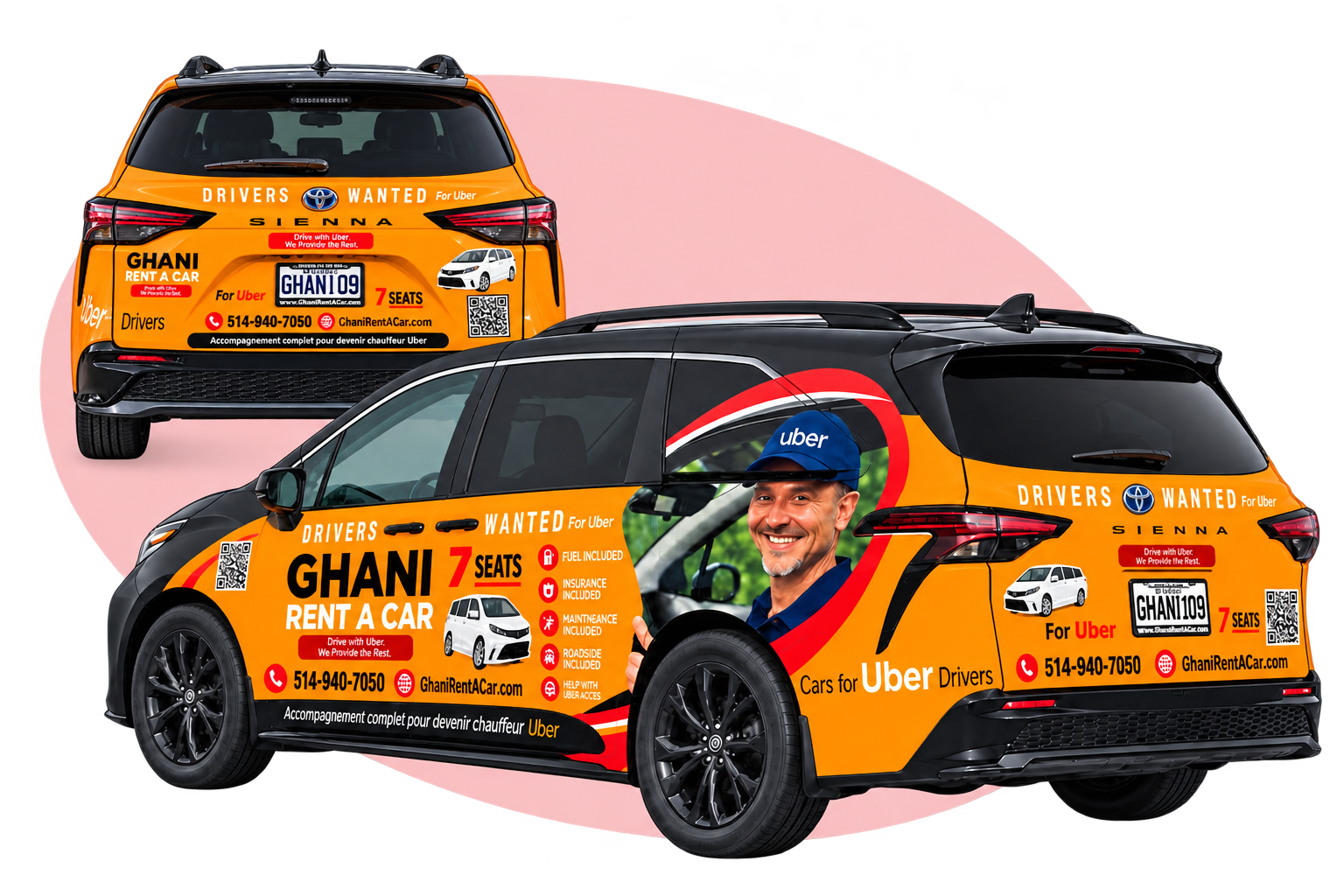 Illustrated van with an example red, black and white All Food Pack Canada vehicle wrap
